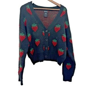 Sweet Society Strawberry Cardigan Black Knit V Neck Button Up whimsigoth L Furry